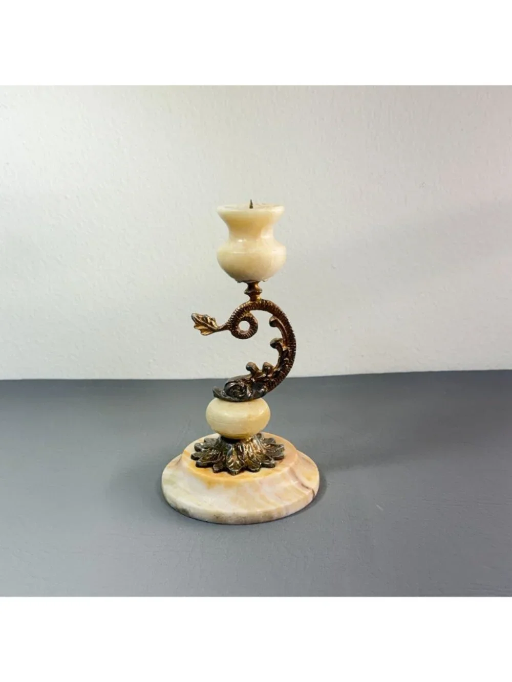 Vintage Onyx Marble Brass Dolphin Candlestick Hollywood Regency Pricket 8